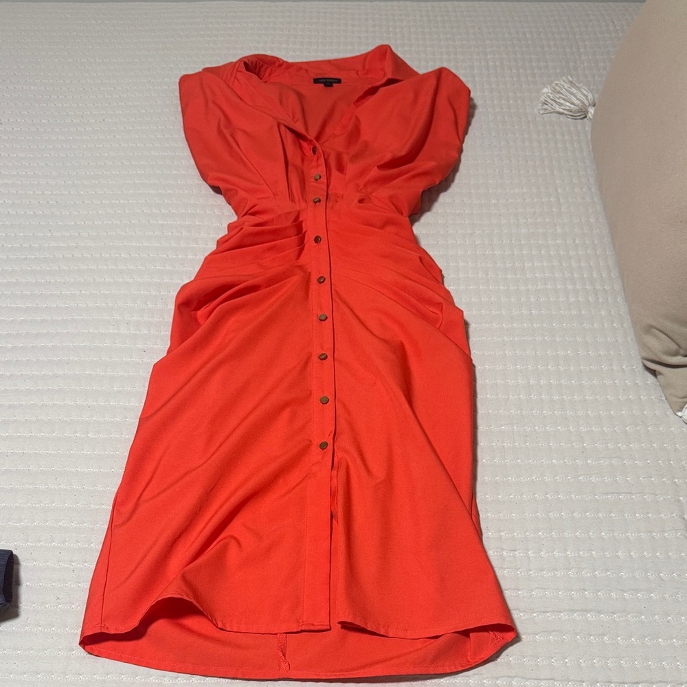 Miss Avenue Button-Front Coral Midi Dress